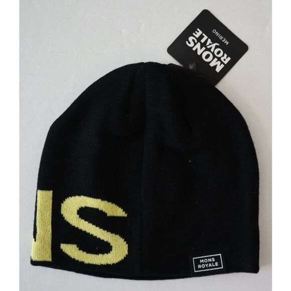 Mons Royale Unisex O/S Black/Citrus Yellow Arcadia Merino Wool Beanie Hat - Picture 2 of 5